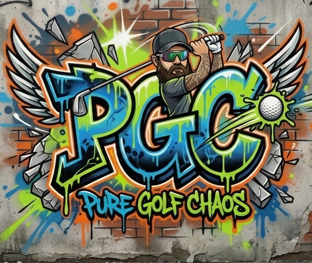 Pure Golf Chaos graffiti logo on a brick wall, close up