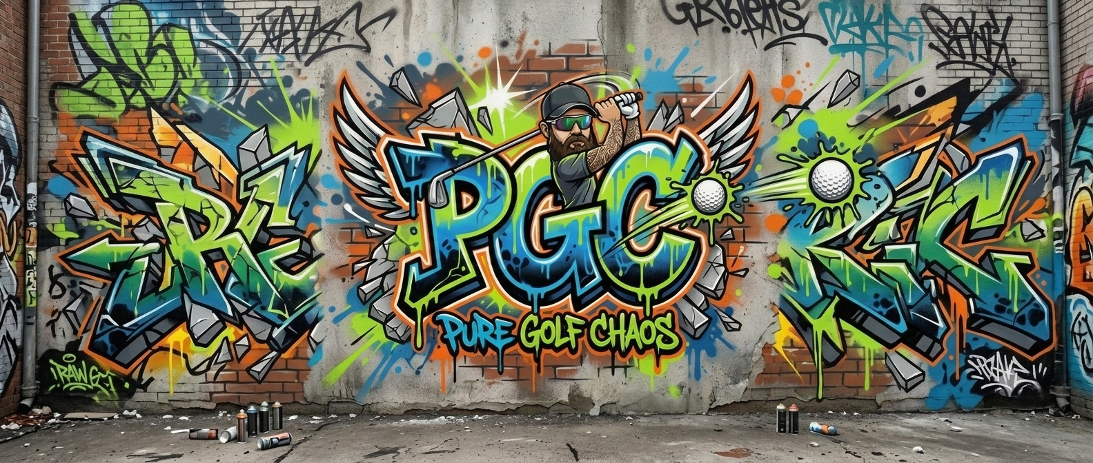Wide shot of Pure Golf Chaos graffiti mural on a brick wall with spray cans on the ground